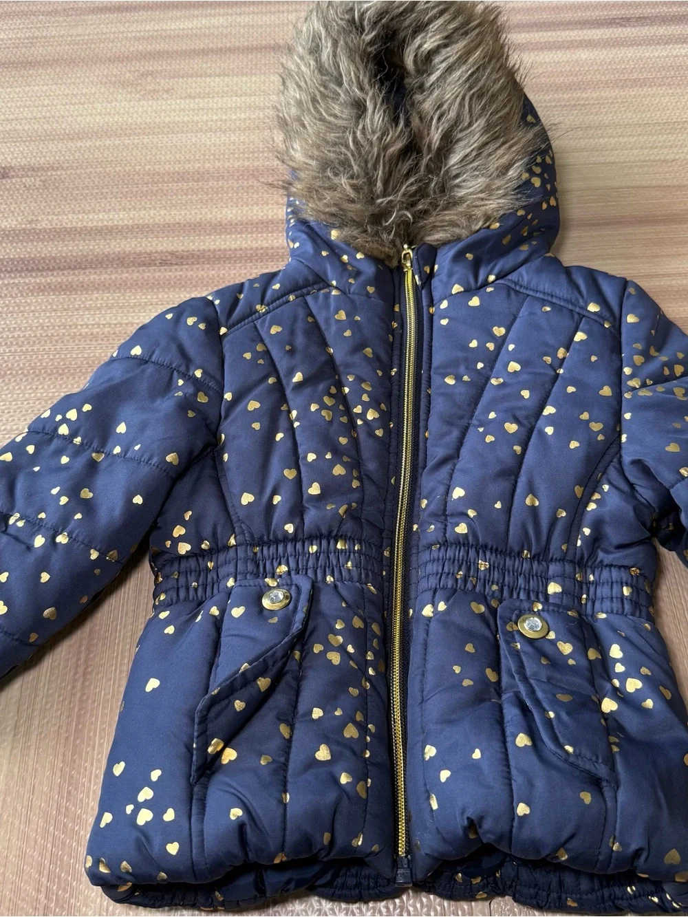 Rothschild 1881 Girls 2T Navy Gold Heart Puffer Coat Faux Fur Hood Winter Jack